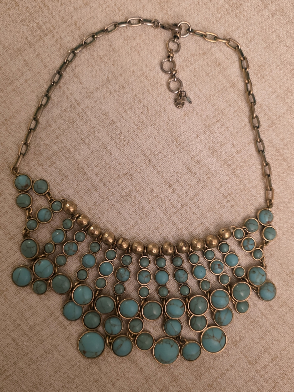 Lucky Brand Turquoise Statement Bib Necklace Gold Tone Boho 18”